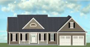 The Westwood House Exterior with a two-door garage, six windows, a front porch, and a dark roof. The sky in the background is light blue and cloudy.